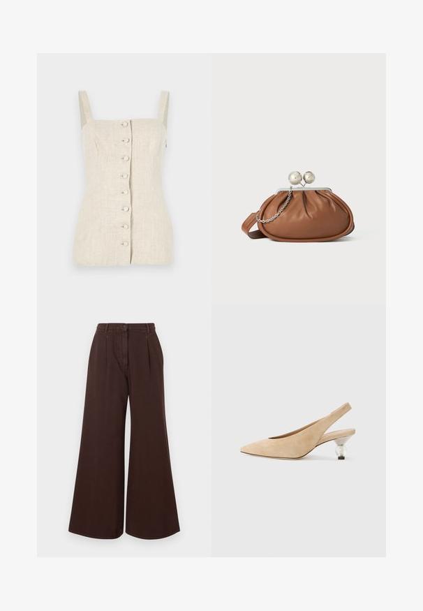 Beige linne utan ärmar med en figursydd design, framknäppning och textilstruktur. Har raka axelband.; Högmidjade vida bruna byxor med knapp- och dragkedjestängning, bältesöglor och framveck.; Beige mockasinsko slingback-sko med spetsig tå och en transparent, rund klack. Slät yta och minimalistisk design.; Brun läderhandväska med silverkulklämma och en liten silversked på vit bakgrund.