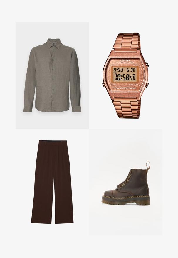 Hellgraues Langarmhemd aus Leinen mit einer geknöpften Vorderseite, Kragen und Manschetten. Glatte Textur mit einem subtilen Webmuster.; Braune weite Hosen mit Falten. Aus einem glatten Stoff gefertigt, mit einem taillierten Bund und seitlichen Taschen. Flacher Saum am Boden.; Braune Leder-Ankleboots mit runder Spitze, kontrastierenden gelben Nähten, dekorativen Metallösen und rutschfester Gummisohle.; Digitaluhr von Casio mit einem roségoldenen Metallarmband, rechteckigem Gehäuse, beleuchtetem Display und Wasserfestigkeit, zeigt Uhrzeit und Datum an.