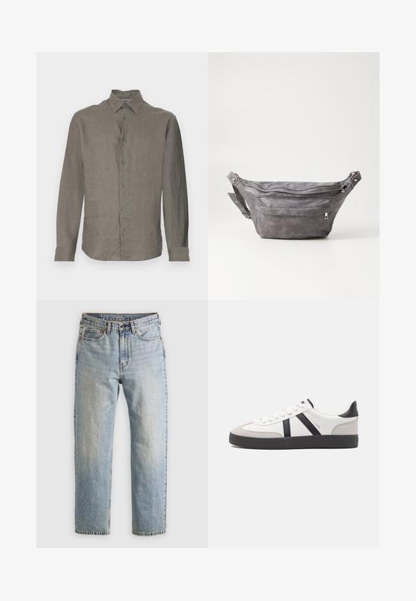 Gai pelēks garām piedurknēm krekls, izgatavots no lins, ar pogājamu priekšpusi, apkakli un aprocēm. Gluda tekstūra ar smalku auduma rakstu.; Gai zila denima bikses ar augstu jostasvietu, priekšējo pogu, rāvējslēdzēju un piecu kabatu dizainu, izlīdzinātas uz neitrāla fona.; Baltas sneakeris ar melniem un pelēkiem akcentiem, kuram ir teksturēts pelēks purngals, melna gumijas zole un plakanas baltas šņores. Tīrs dizains, minimālisma stils.; Pelēks zamšādas jostas somiņa ar noapaļotu formu, divām kabatām ar rāvējslēdzējiem un regulējamu siksnu. Iekļauj metāla aksesuārus.