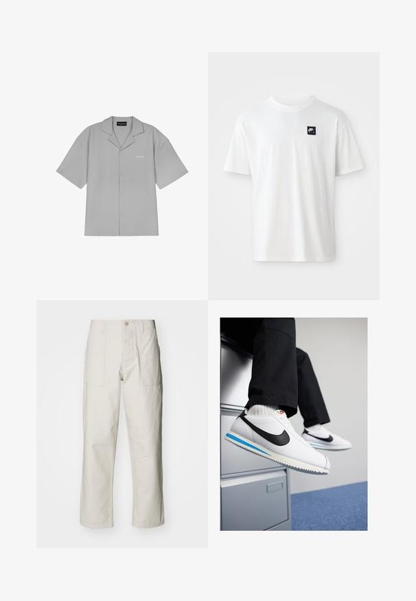 Lichtgrijze short-sleeve shirt met een geribbelde textuur, knopen aan de voorkant en een notch kraag. Voorzien van logo-afdruk op de linkerborst.; Witte katoenen t-shirt met korte mouwen en een ronde hals; heeft een klein zwart rechthoekig Nike Air logo op de linkerkant van de borst.; Lichtbeige wijde broek van katoen. Voorzien van steekzakken en een knoopsluiting. Glad textuur met subtiele verticale lijnen.; Witte leren sneakers met een zwarte Nike swoosh, lichtblauwe en grijze rubberen zool, en een klassiek vetersluiting ontwerp. Voeten rustend op een archiefkast.
