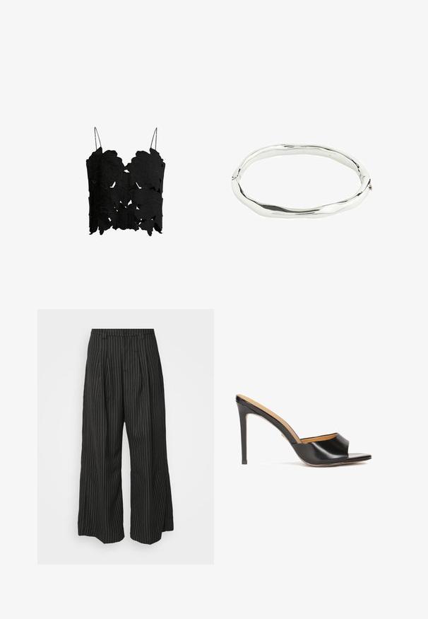 Sort cropped top med lagdelte bladbobleformede udskæringer, tynde justerbare stropper og en tekstureret finish for et struktureret design.; Sorte båndstribede brede bukser med folder, der har et skrædderlavet design og en blød tekstur. Ingen synlig hardware eller accenter.; Sorte open-toe hæle mules med en blank læderfinish, taperet blokhæl og et glat buet bånd over vristen.; Sølvmetal armring med et bølget, ujævnt design. Glat overflade med en poleret finish, der reflekterer lys. Cirkulær form uden mærkbare detaljer.