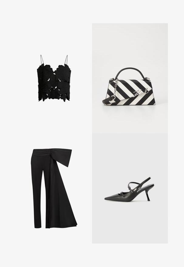 Black crop top featuring layered leaf-shaped cutouts, thin adjustable straps, and a textured finish for a structured design.; Black trousers with a wide, draped sash detail at the waist. Smooth fabric, straight leg cut, and pleated waistband.; Black leather slingback heels with a pointed toe, slender heel, and decorative buckle detail on the vamp. Smooth texture and sleek design.; Black and white striped handbag with a structured shape, featuring a top handle, a detachable chain strap, and metallic logo accent.