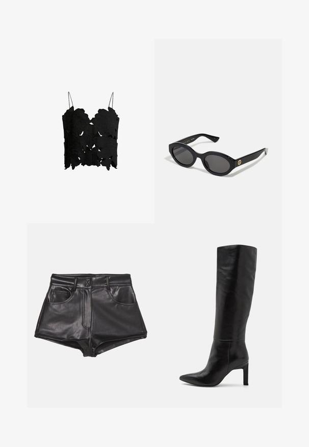 Sort cropped top med lagdelte bladbobleformede udskæringer, tynde justerbare stropper og en tekstureret finish for et struktureret design.; Sorte faux læder shorts med høj talje, der har to frontlommer, synlige sømme og en glat overflade.; Knæhøje sorte læder stiletto-støvler med spids tå og glat tekstur. Hælen er i blokstil, hvilket tilføjer stabilitet til designet.; Sorte ovale solbriller med mørke linser og blank plastramme. Har et guldlogo på stykket, hvilket giver et slankt og moderne design.