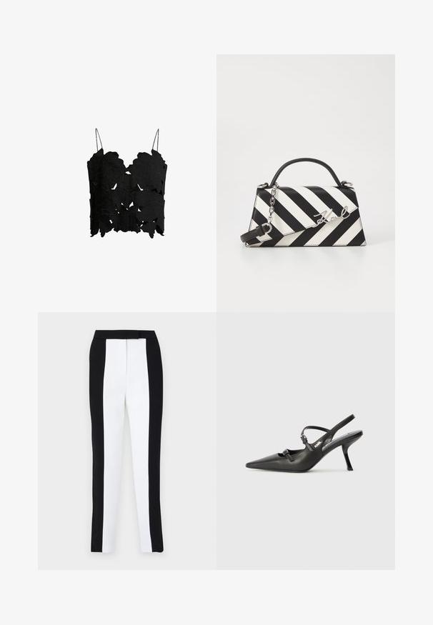 Top corto nero con ritagli a forma di foglia a strati, spalline sottili e regolabili, e una finitura texturizzata per un design strutturato.; Pantaloni tapered bianco e nero che presentano una vestibilità slim con pannelli a contrasto. Il tessuto ha una texture liscia; la vita è piatta e aderente.; Scarpe slingback nere in pelle con punta affilata, tacco sottile e dettaglio decorativo a fibbia sulla tomaia. Texture liscia e design elegante.; Borsa a righe bianche e nere con una forma strutturata, dotata di manico superiore, tracolla a catena staccabile e dettaglio logo metallico.