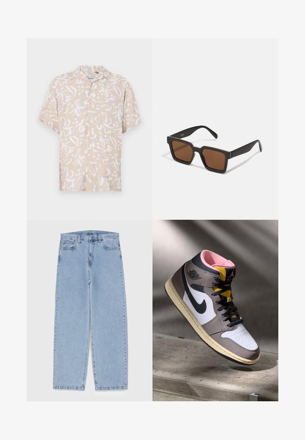 Beige Kurzarmhemd mit einem weißen abstrakten Blumenmuster. Hergestellt aus leichtem Stoff, mit einem lockeren Schnitt und Druckknöpfen.; Marineblaues Poloshirt aus Baumwolle, mit V-Ausschnitt, kurzen Ärmeln, weißem Besatz am Kragen und an den Ärmeln sowie einem kleinen Logo auf der Brust.; Hellblaue Jeans aus Denim mit geradem Bein, ausgestattet mit einer mittelhohen Taille, fünf Taschen sowie einem Knopf- und Reißverschluss.; Hohe Nike Air Jordan Sneaker in Weiß, Grau und Schwarz mit pinkem Innenfutter und gelber Zunge, auf einer Betontfläche platziert.; Schwarze quadratische Sonnenbrillen mit braunen Gläsern, mattem Finish und goldenen Akzenten im Rahmen. Das Design ist kantig mit breiten Bügeln.; Schwarze, strukturierte Leder-Umhängetasche mit einem verstellbaren Tragegurt, einer vorderen Reißverschlusstasche und einem markanten metallic Akzent. Kompakte quadratische Form.; Rechteckige Casio-Uhr mit weißem Zifferblatt, goldenen Akzenten, römischen Ziffern und einem braunen Lederarmband im Krokodil-Muster. Wasserdichtes Design.