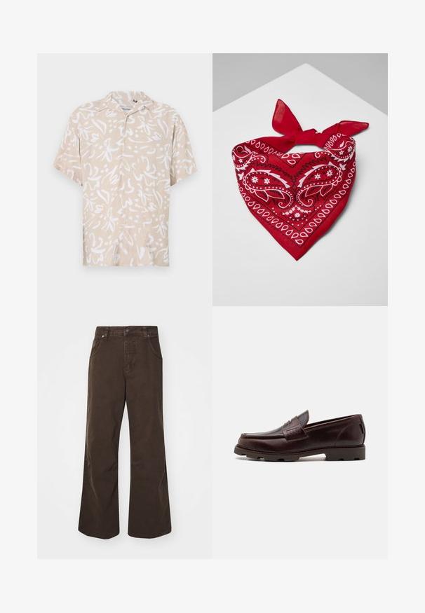 Béžová košile s krátkým rukávem s bílým abstraktním květinovým vzorem. Vyrobena z lehkého materiálu, s volným střihem a zapínáním na knoflíky.; Bílý bavlněný top na ramínka s kulatým výstřihem, širokými ramínky a rovním lemem, s hladkou texturou a bez viditelných vzorů.; Hnědé široké kalhoty z bavlny, s vysokým pasem, předními kapsami a hladkou texturou. Dokončení zahrnuje jemné detaily šití.; Hnědé kožené mokasíny s horní částí ve stylu mokasín, s texturovanými švy a robustní podrážkou se směrovými vzory.; Červený bavlněný šátek s bílými paisley vzory, ve tvaru trojúhelníku, s výrazně uvázanou uzlíkem v horní části.; Bílý perlový náhrdelník s jednotnou kulatou siluetou, hladkým povrchem a kovovou sponou s prodlužovacím řetízkem pro nastavitelné délky.