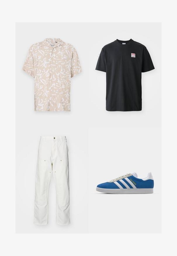 Beige lühikeste varrukatega särk, millel on valge abstraktne lillemuster. Valmistatud kergest kangast, lõdva lõikega ja nööpidega ees.; Must musternärviga T-särk ümarate krae, lühikeste varrukatega ning vasakul rinnal väike värviline etikett sõnaga "SUPERIOR."; Valged puuvillased cargo püksid, millel on mugav lõige. Omadusteks on esikotid, kuldse riistvara aktsendid ja tugevdatud põlveosad.; adidas Originals ADIDAS GAZELLE SHOES - Saalijalgpalli saapad - real madrid/bluebird/footwear white/crew yellow