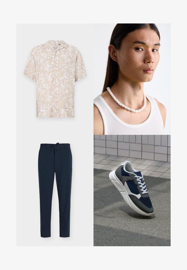 Bēša īsām piedurknēm krekls ar baltu abstraktu ziedu rakstu. Izgatavots no viegla auduma, ar brīvu piegriezumu un pogu aizdari.; Tumši zili lielgabalu bikses no gluda auduma ar auklu jostu, ar vertikālu svītru rakstu un šauru kāju dizainu.; Sporta apavi ar tumši zilas krāsas tīkla augšdaļu, pelēku zamšādas akcentiem, baltu gumijas zoli un plakaniem baltiem šņorēm, kas izstrādāti komfortam un elpojamībai.; Balta čaulu kaklarota, kas sastāv no neregulārām formām, valkāta virs pieguļošas baltas topiņas. Gluda tekstūra ar smalku spīdumu, cieši piegulošs dizains.