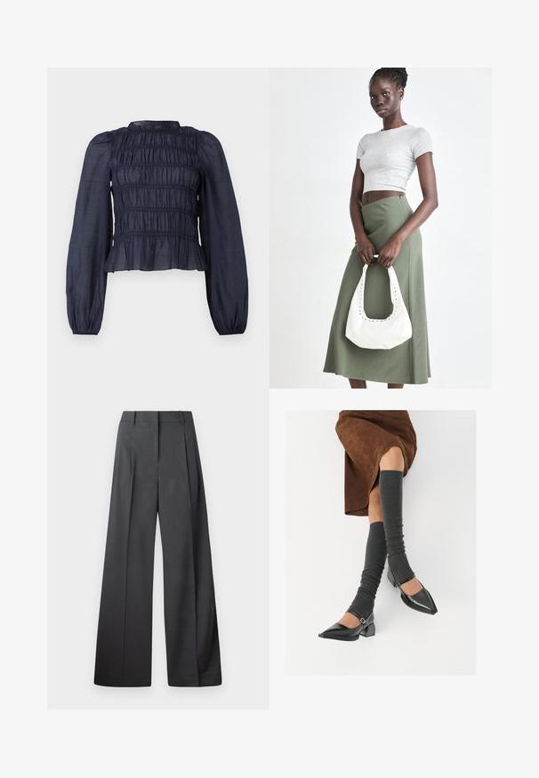 Kuninglaine, poolläbipaistev pluus smockitud kehaga, pikad varrukad ja volangiga äär. Omab kogu ulatuses kogutud tekstuuri.; Tumesed püksid tumesinises kangas, kõrge vöökoht, üks voldik ning sile struktuur puhaste ääristega.; Mustad patsaline odav värviga kingad, millel on kreen ja pahkluuring, on paaritatud hallide ribakudumitega sääremiidega ja pruunist nahast seelikuga.; Hallid hall pitsakene ja oliiviroheline kõrge vöökohtadega seelik. Mudel hoiab käes valget õlakotit, millel on lõikega detailid. Lihtne disain, vormiline siluett.