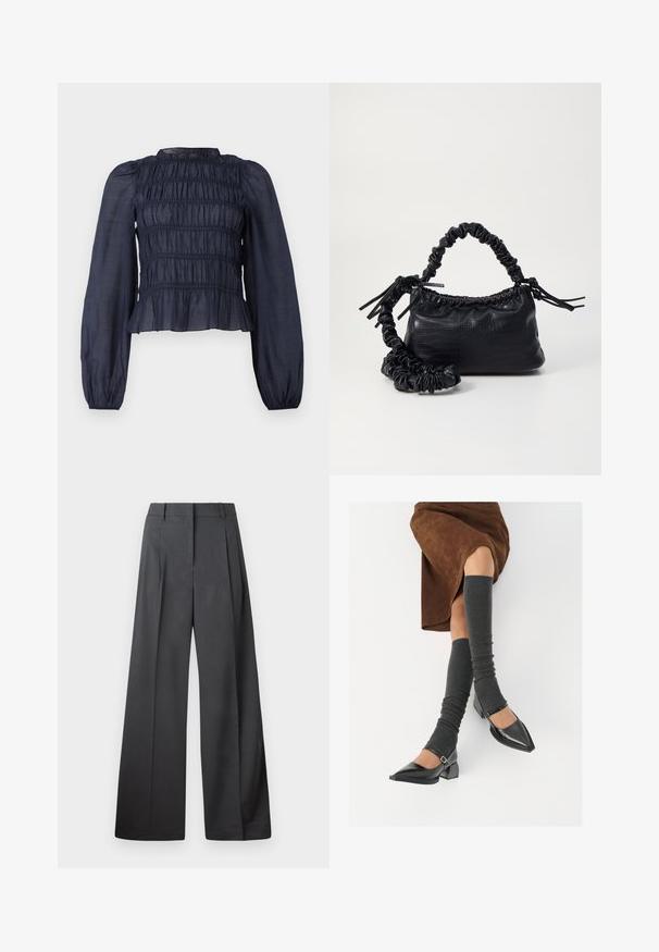 Mørkeblå, semi-gennemsigtig bluse med smocket bodice, lange ærmer og en flæsekant. Har en samlet struktur hele vejen igennem.; Bredde benbukser i mørkegrå stof, med høj talje, enkelte læg og en glat tekstur med en ren finish ved kanten.; Sorte patenterede lædersko med spids tå, blokhæl og ankelrem, kombineret med grå ribbede benvarmere og en brun ruskinds nederdel.; Sort kunstlæder håndtaske med krokodilteksur, indsnøret top og en sammenkrøben rem. Ser blød og kompakt ud i designet.