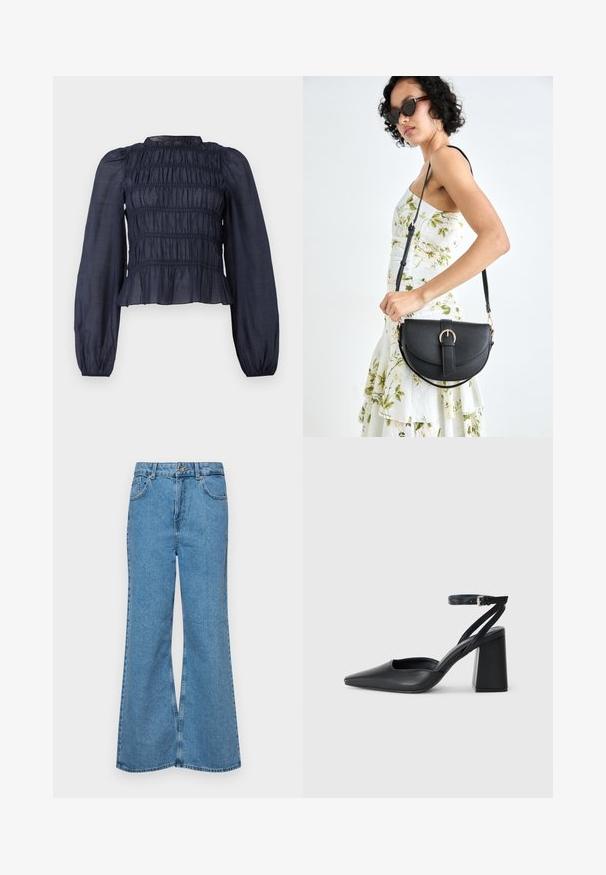 Marineblaue, halbtransparente Bluse mit einem gerafften Oberteil, langen Ärmeln und einem Rüschensaum. Verfügt über eine geraffte Textur überall.; Helle blaue Schlagjeans aus Denim, mit hoher Taille, fünf Taschen und einem einzelnen Knopfverschluss. Weiche Textur mit ausgeblichener Optik.; Schwarze Leder-Pumps mit spitzer Zehe, einem Knöchelriemen und einem blockigen Absatz. Flache Textur, elegantes Design und minimalistische Ästhetik.; Schwarze Lederhandtasche mit geschwungener Form, abnehmbarem Tragegurt und goldenen Beschlägen. Die Tasche verfügt über einen Deckel mit einer Schnallen-Details.