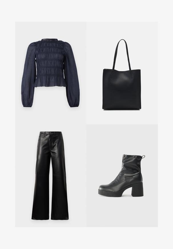 Granatowa, półprzezroczysta bluzka z marszczoną górą, długimi rękawami i falbaną na dole. Zawiera marszczoną fakturę w całej powierzchni.; Czarne, wysokie na talii, szerokie spodnie z sztucznej skóry z guzikami z przodu, zapięciem na zamek, szlufkami na pasek i bocznymi kieszeniami na białym tle.; Czarne botki za kostkę wykonane z gładkiej skóry, wyposażone w boczny zamek błyskawiczny, masywny teksturowany obcas oraz zaokrąglony czubek.; Czarna skórzana torba tote o gładkiej fakturze, prostokątnym kształcie i dwóch długich uchwytach. Brak widocznych elementów metalowych i ozdób.