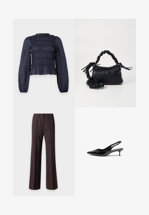 Marineblaue, halbtransparente Bluse mit einem gerafften Oberteil, langen Ärmeln und einem Rüschensaum. Verfügt über eine geraffte Textur überall.; Hosen mit weitem Bein aus dunkelbraunem Stoff zeichnen sich durch ein maßgeschneidertes Design mit vorderen Falten und einer glatten Textur aus, die sich für formelle Anlässe eignet.; Schwarze Leder-Slingback-Absätze mit einer spitzen Zehenform, kleinen Kitten-Absätzen und einem dekorativen Knoten-Detail auf der Vorderseite. Glatte Textur über die gesamte Fläche.; Schwarze Handtasche aus Kunstleder mit Krokodilstruktur, gerafftem oberen Teil und einem geschoppten Tragegurt. Sie wirkt weich und kompakt im Design.