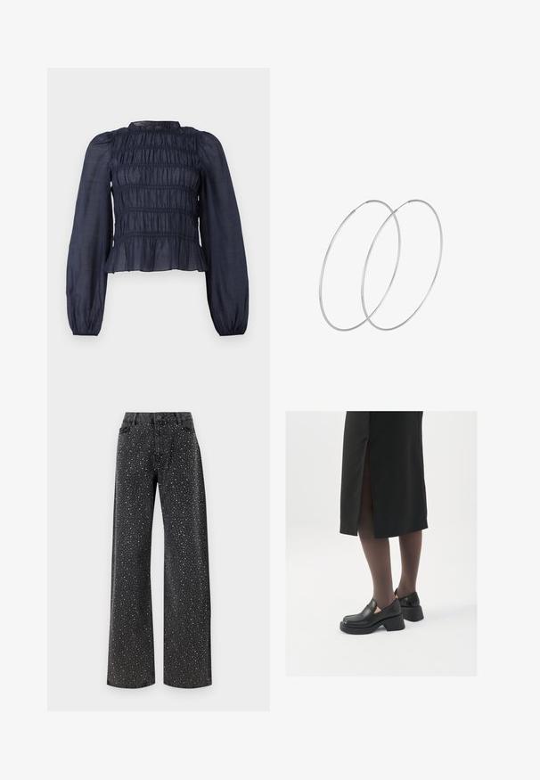 Tumši zils, daļēji caurspīdīgs blūze ar smockotu augšdaļu, garām piedurknēm un viļņotu apakšmalu. Visā virsmā ir savāktas tekstūras elementi.; Noisy May NMJANNEL LOOSE - Brīva piegriezuma džinsi - black denim; Melni ādas apavi ar noapaļotu purngalu, biezām bloku papēžiem un elastīgiem sānu akcentiem, apvienoti ar tumšām zeķubiksēm un melnu svārku ar šķirbu.; Sudraba gredzenveida auskari ar minimālistisku dizainu. Cirkulāra forma, gluda tekstūra un plāns profils. Vieglu svaru ar spīdīgu apdari.