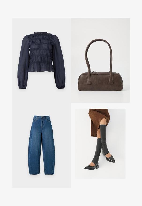 Navyblauwe, semi-doorzichtige blouse met een smock-borstvoeding, lange mouwen en een gerimpelde zoom. Heeft een verzamelde textuur over het gehele kledingstuk.; Denim spijkerbroek in een medium blauwe wassingen, met een hoge taille, wijde broekspijpen en een standaard vijf-pocket ontwerp met zichtbare stikseldetails.; Zwarte gepatineerde leren pumps met een puntige neus, een blokhak en een enkelbandje, gecombineerd met grijze geribde beenwarmers en een bruine suède rok.; Bruine leren handtas met twee stevige handvatten, rechthoekige vorm, gladde textuur en ritssluiting. Minimalistisch ontwerp zonder zichtbare patronen.