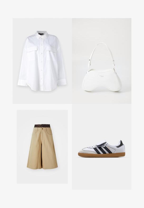 Camisa blanca de botones de algodón, con cuello clásico, dos bolsillos en el pecho y mangas largas con puños. Textura suave.; Pantalones cortos caqui con un diseño de pierna ancha y una cinturilla de estampado de leopardo. Cuenta con bolsillos frontales y un cierre de botón. Tejido suave y texturizado.; Zapatilla de cuero blanca con rayas negras y acentos grises, con puntera redondeada y suela de goma. Cierre con banda de velcro y cordones.; Bolso blanco con una superficie lisa y brillante, forma curva y una sola correa ajustable. Presenta un logotipo grabado en la parte frontal.