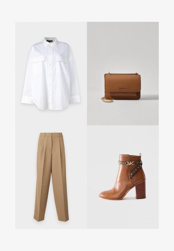 Bjela košulja s dugim rukavima napravljena od pamuka, s klasičnom kragnom, dva džepa na prsima i manžetama. Glatka tekstura.; Bežane krojene hlače s visokim strukom, nabranim prednjim dijelom i širokim nogavicama. Tkanina izgleda glatko s blagim sjajem.; Smeđe kožne čizme do gležnja s blok petom, bočnom trakom koja ima zlatne studove i zlatnu kopču s "MK" logom.; Smeđa kožna torba preko tijela s teksturom, zlatnim lančićem i preklopom na zatvaranju. Na prednjoj strani nalazi se detalj s potpisom i džep ispod preklopa.