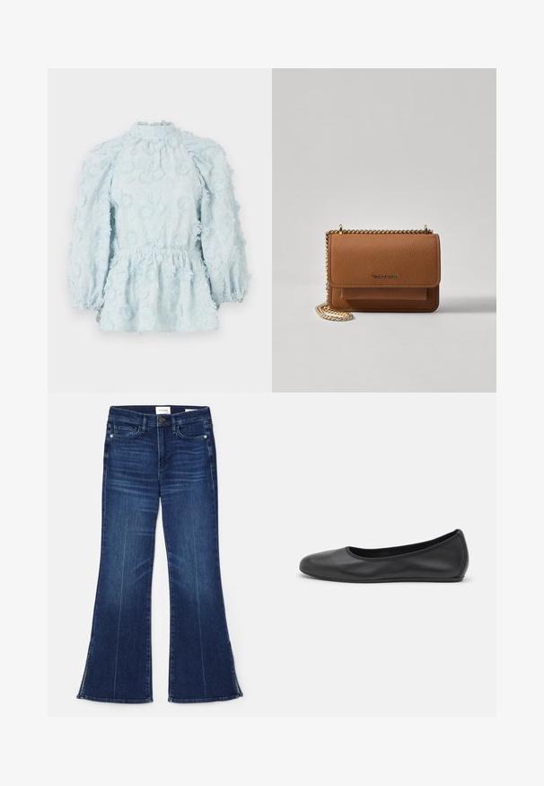 Vaaleansininen paita, jossa on kukkakirjontaa, kerääntynyt vyötärö, korkeakauluksinen ja puffihihat, valmistettu tekstuuri kankaasta.; Tummansiniset leveälahkeiset farkut, jotka on valmistettu denimmateriaalista. Ominaisuuksiin kuuluu korkea vyötärö, etupocketit ja halkiokohdat helman kohdalla. Klassinen viiden taskun muotoilu.; Musta nahkainen ballerina, jossa on pyöristetty kärki, sileä pinta, minimaalinen ommelkoristelu ja joustava pohjamuotoilu.; Ruskean teksturoidun nahkasta valmistettu crossbody-laukku, jossa on kultaketjuhihna ja läppäkiinnitys. Edessä on logodetail ja tasku läppäisen alla.