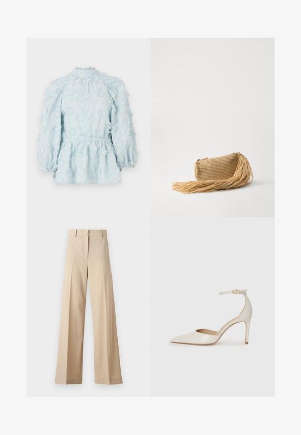 Heled sinine pluus lillekirjaga, volditud vöökohaga, kõrge kaelusega ja puhvärkätistega, valmistatud tekstuursed kangast.; Kreemikad laiad püksid, mis on valmistatud siledast kangast, millel on tasapinnaline esiosa koos voldikutega, lukuga esiosa ja vöökohale silmused. Üldine puhas istuvus.; Valgete nahast kõrge kontsaga kingad, terava varbaga, ankle strapiga ja kitsaste stiletto kontsadega. Sile tekstuur koos peene läikega.; Cult Gaia VIERA - Väike käekott - natural