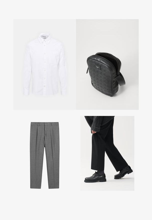 Witte knoopsluitingshirt van katoen. Beschikt over een klassieke kraag, een borstzakje en lange mouwen. Gladde textuur met een subtiele glans.; Zwarte katoenen t-shirt met een klassieke ronde hals, korte mouwen en een comfortabele pasvorm. Gladde textuur, zonder patronen of versieringen.; Grijze op maat gemaakte broek met een gestructureerde stof, voorzien van een platte voorkant, geplooide benen, riemlussen en een standaard tailleband.; Zwarte leren schoenen met een afgeronde neus, vetersluiting en een dikke, getextureerde zool. Draagt een gepaste zwarte broek en een geribbelde trui.; Zwarte, gestructureerde leren tas met een geometrisch patroon, rechthoekige vorm, bovenrits en een kort handvat. Heeft een logo-opdruk aan de voorkant.; Timex polshorloge met een zilveren wijzerplaat, zwarte uurmarkeringen en stalen kast. Het heeft een geëtste zwarte leren band. Eenvoudig, elegant ontwerp.