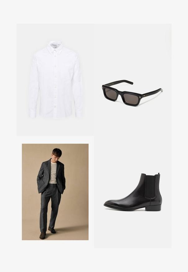 Camicia bianca a maniche lunghe in cotone. Presenta un colletto classico, taschino frontale e una texture liscia con un leggero lucido.; Completo grigio su misura con rever a scollo e tasche frontali, abbinato a una camicia a righe. I pantaloni hanno una vestibilità comoda e dettagli delle pieghe. Scarpe marroni.; ALDO BERT - Stivaletti - black; Occhiali da sole neri rettangolari con lenti scure, montatura spessa in plastica, dettagli dorati sulle tempie e logo del marchio inciso sull'asta.