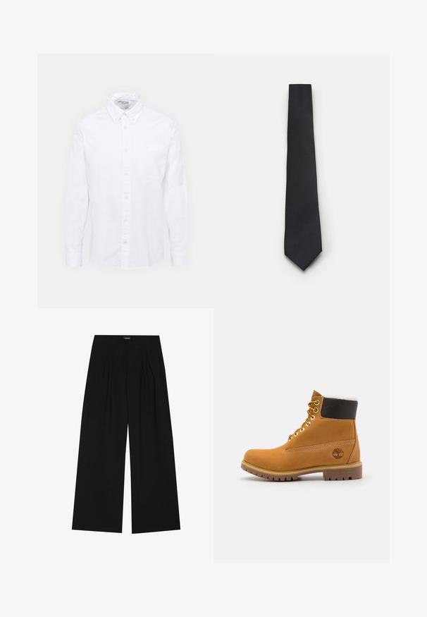 Valkoinen napitettava paita, joka on valmistettu puuvillasta. Siinä on klassinen kaulus, etutasku ja pitkät hihat. Sileä rakenne, jossa on hienovarainen kiilto.; YOURTURN UNISEX - Housut - black; Ruske nahkasaapad ankle-moodi, metallist silmadega, valge karvase voodriga, musta pehmendusega kaeluse ja läbilöökide tald. Kotiriide logo on küljes.; Kapea musta solmio, jossa on teksturoitu, vino uritettu kuvio. Varustettu terävän kärjen ja sileän pinnan kanssa. Sopii juhlavaan pukeutumiseen.