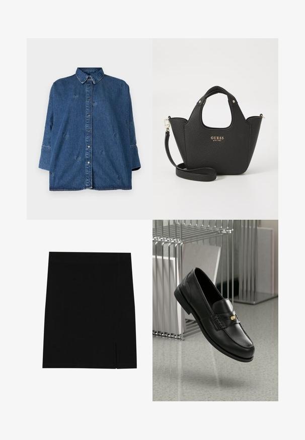 Džinsinė palaidinė su klasikiniu apykakle, mėlynos spalvos, didelio dydžio ir dekoratyviniais širdelės formos išpjovimais. Yra spaudžių mygtukų ir ilgomis rankovėmis.; Juoda mini sijonas, pagamintas iš švelnios medžiagos, su prigludusia forma, su lengva plyšyje šone tam, kad suteiktų papildomą akcentą.; Juodi odiniai loafersai su sklandžiu paviršiumi, turintys dekoratyvinę juostą ir mažą auksinę detalę. Padas plokščias, su apvaliu pirštu.; Juoda tekstūruota rankinė su trumpomis rankenomis ir nuimamu peties diržu. Yra aukso logotipo akcentas. Kompaktiška, struktūruota forma.