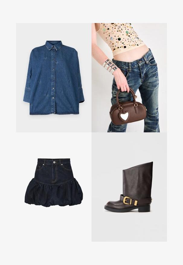 Denim shirt with a classic collar, blue color, oversized fit, and decorative heart-shaped cutouts. Features snap buttons and long sleeves.; Dark denim skirt with a fitted waist and a gathered, puffy ruffled bottom. Features front pockets and a metal button closure.; Dark brown mid-calf leather boot with black sole, low heel, and decorative gold buckle strap around the ankle, shown from the side.; Brown leather handbag with a heart-shaped accent, rounded design, gold hardware, held by a hand; paired with distressed denim and a beaded top.