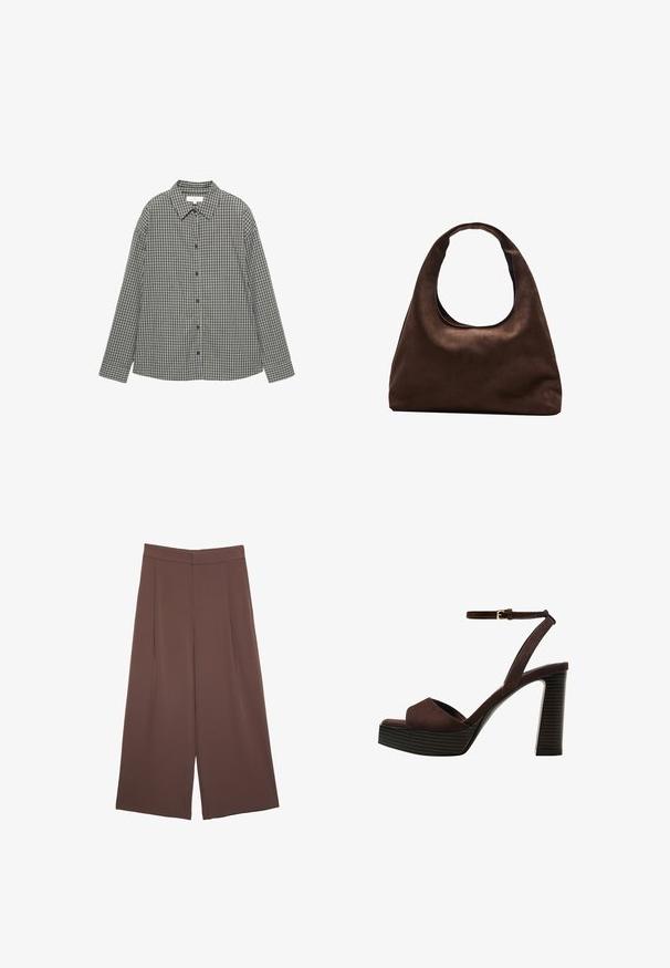 Ternede skjorte i sort og hvid, med knaplukning foran, spids krave og lange ærmer i en afslappet pasform. Bomuldsstof.; Brune bredbunde bukser med en glat tekstur, der har høj talje og plisseringer foran. Stoffet er let og falder løst.; Brune ruskinds højhælede sandal med åben tå, justerbar ankelrem og en stribet plade sål.; Blød brun hobo-stil håndtaske med en enkelt bred strop og en buet åbning på toppen, vist på en hvid baggrund.