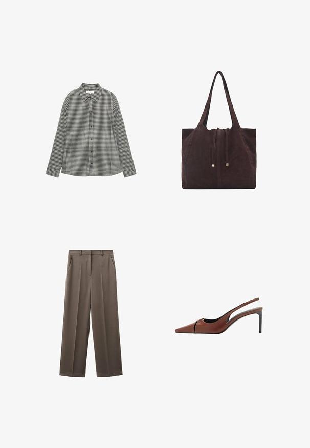 Ternede skjorte i sort og hvid, med knaplukning foran, spids krave og lange ærmer i en afslappet pasform. Bomuldsstof.; Bukser med vide ben i et afdæmpet brunt stof med en glat tekstur, der har to forlommer og en skræddersyet linning.; Brun læder slingback hæl med spids tå, udskæring ved vampen og en elegant stiletto hæl. Glat tekstur.; Mango Shopping bags - dark brown