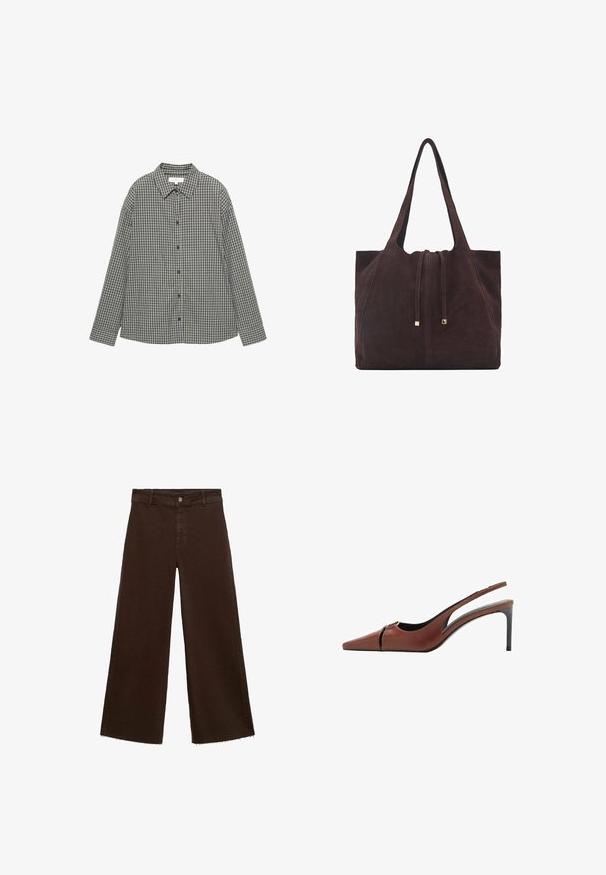 Ruudullinen paita musta-valkoinen, eri kokoisilla painonapeilla, terävä kaulus ja pitkät hihat, joissa rento muoto. Puuvillakangas.; Ruskeat leveät housut puuvillasekoituksesta, joissa on revitty helma, etunappikiinnitys ja perinteinen viisi-taskuinen muotoilu. Minimalistiset ja monikäyttöiset.; Ruskea nahkainen slingback-korkokenkä, jossa on terävä kärki, leikkaukset vampissa ja tyylikäs stilettokorko. Sujuva pinta.; Mango Shopping bag - dark brown