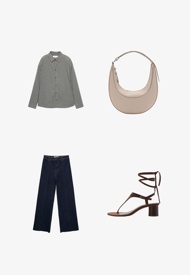 Karirana košulja u crno-bijeloj boji, s gumbima sprijeda, oštrim ovratnikom i dugim rukavima širokog kroja. Pamuk.; Hlače od tamnog jeansa s širokim nogavicama, kontrastnim šavovima, visokim strukom i ravnim krojem. Imaju prednje džepove i klasično zatvaranje na gumb.; Smeđe suède sandale s visokom petom s trokutastim remenom za prste, vezanjem oko gležnja i teksturiranom blok petom za stabilnost.; Bež kožna torba za rame u obliku polumjeseca, glatke teksture i s jednim zakrivljenim ručkom. Sadrži zatvor na zip i uredno šivenje.