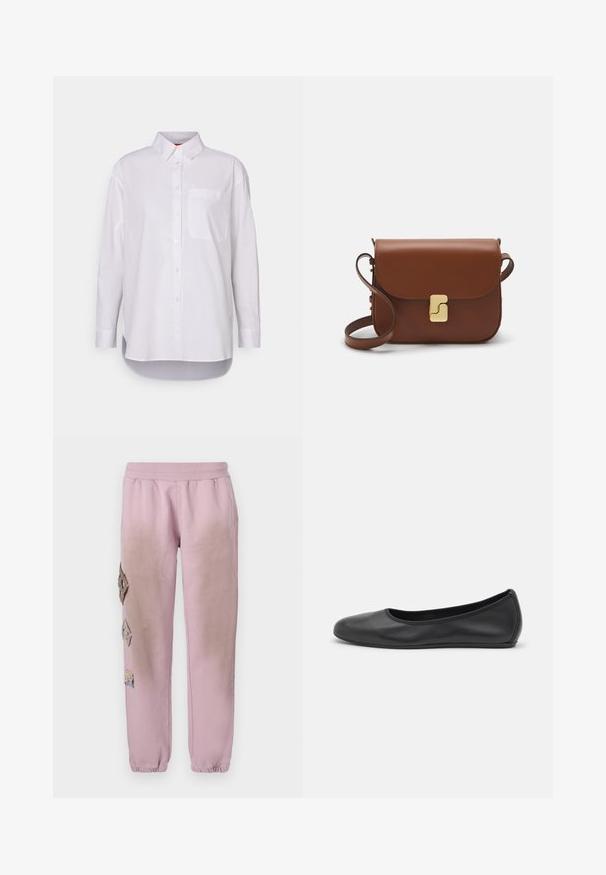 MAX&Co. BARI - Košilová halenka - weiss; Bílá tričko s krátkým rukávem vyrobené z žebrované tkaniny. Kulatý výstřih, normální střih a jemné detaily šití. Bez vzorů nebo grafik.; Růžové tepláky s elastickým pasem, které mají dekorativní nášivky ve tvaru diamantů na levé straně a elastické manžety u kotníků.; Černé kožené baletní byty s kulatou špičkou, hladkou texturou, minimálními švy a flexibilním designem podrážky.; Hnědá kožená kabelka s klopou, zlatými kovovými detaily, ramenním popruhem a hladkým povrchem. Kompaktní obdélníkový tvar.