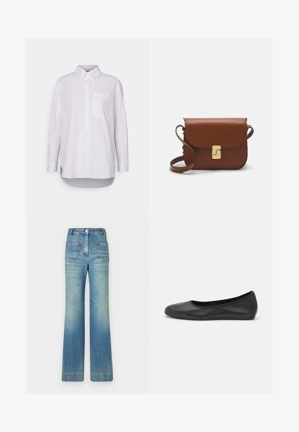 MAX&Co. BARI - Gombos blúz - weiss; Világoskék, trapéz szabású farmernadrág öt zsebbel, övhurkokkal, gombos záródással és enyhén fakó textúrával, a hátsó részén egy piros logó részlettel.; Fekete bőr balettcipő lekerekített orral, sima tekstúrával, minimális varrással és rugalmas talp kialakítással.; Barna bőr kézitáska, hajtókás zárással, arany színű fém kiegészítőkkel, vállpánttal és sima felülettel. Kompakt téglalap alakú.
