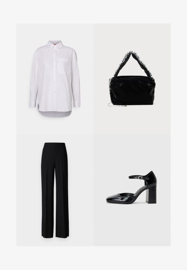 MAX&Co. BARI - Skjortebluse - weiss; Sorte vidde bukser med en glatt tekstur, med høy midje og sentrale folder. Ingen synlige mønstre eller maskinvaredetaljer.; Sorte lakk lær høye hæler med firkantet tå, ankelrem og chunky hæl. Inkluderer perforerte detaljer langs kanten.; Svart veske i faux lær med tekstur, med en perlet sølvdetalj langs det øverste håndtaket og en kjede-rem.