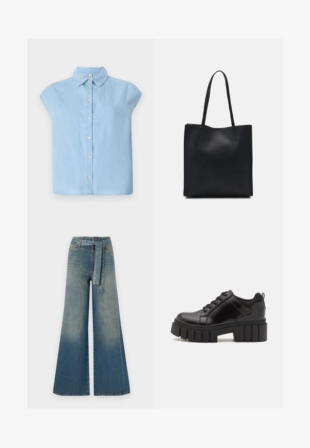 Blå kortermet knappeopp skjorte laget av denimstoff, med klassisk krage og frontknapplukking, avslappet passform og flat skjortehem.; Bredde ben jeans med en lyseblå til mørkeblå gradient, høyt liv, beltehemper og et matchende belte i samme stoff. Teksturert denimoverflate.; Svarte lærplattformsko med kraftig blokkhell, rund tå og tradisjonell snøring. Har en jevn tekstur og minimal detaljering.; Svart lær tote bag med glatt tekstur, rektangulær form og to lange håndtak. Ingen synlige deler eller dekorasjoner.