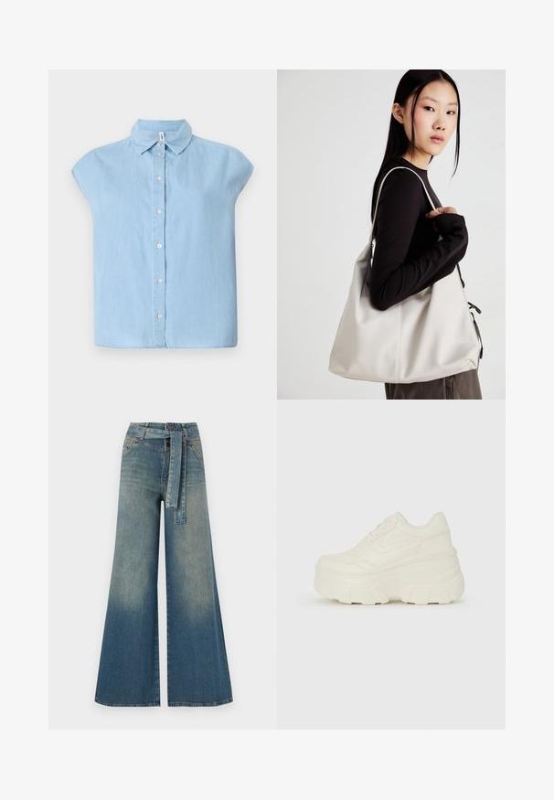 Blue short-sleeve button-up shirt made of denim fabric, featuring a classic collar and front button closure, with a relaxed fit and flat hem.; Wide-leg denim trousers featuring a light to dark blue gradient, high waist, belt loops, and a matching fabric belt. Textured denim finish.; White platform sneakers featuring a smooth leather-like upper, rounded shape, padded collar, and textured rubber sole with defined treads.; Beige handbag made of soft material, featuring a slouchy design, stitched detailing, and two shoulder straps. Suitable for everyday use.