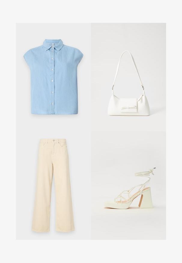 Modra kratka srajca s kratkimi rokavi, izdelana iz denima, z klasičnim ovratnikom in sprednjim zapiranjem na gumb, z udobnim krojem in ravnim robom.; Bež jeans širokega kroja iz bombaža. Imajo gumbno zapiranje, zanke za pas in sprednje žepe ter gladko, mehko teksturo.; Bela sandala na visokih petah s debelim petam, ki ima obliko trakcev in vezanje okoli gležnja. Gladka tekstura z platformo spredaj za dodatno višino.; Bela sintetična torbica v obliki trikotnika, z ravnim sprednjim poklopcem in detajlom mašne, nastavljivim trakom, gladko teksturo in minimalističnim dizajnom.
