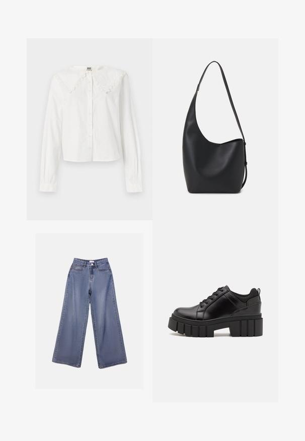 Camisa branca de mangas longas com um grande colar de renda, frente abotoada e uma bainha ligeiramente encurtada. Feita de tecido leve.; Calças de ganga de perna larga numa lavagem azul clara, com uma cintura alta, bolsos frontais e fecho de botão com passadores para cinto.; Sapatos de plataforma em couro preto com um salto bloco robusto, bico redondo e design clássico de atacadores. Apresentam uma textura suave e detalhes mínimos.; Saco hobo preto em pele com uma textura lisa, forma curva e uma única alça ajustável; apresenta uma abertura larga na parte de cima.