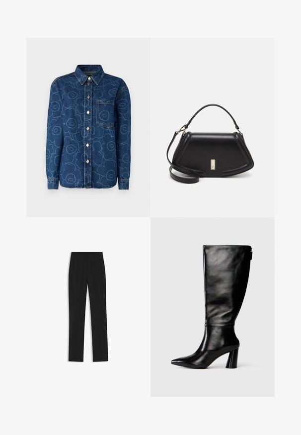 Marimekko Camicia - denim; Pantaloni neri su misura con un design a gamba dritta, dotati di tasche frontali e un tessuto liscio e strutturato. Dettagli ordinati e minimalisti.; Stivale in pelle nera, alto fino al ginocchio, con punta affusolata, superficie liscia e tacco spesso. Presenta un dettaglio con zip sul retro.; Borsa a mano in pelle nera con un design strutturato, caratterizzata da una forma corta, manico superiore e accessori in metallo dorato. Inclusa tracolla regolabile.