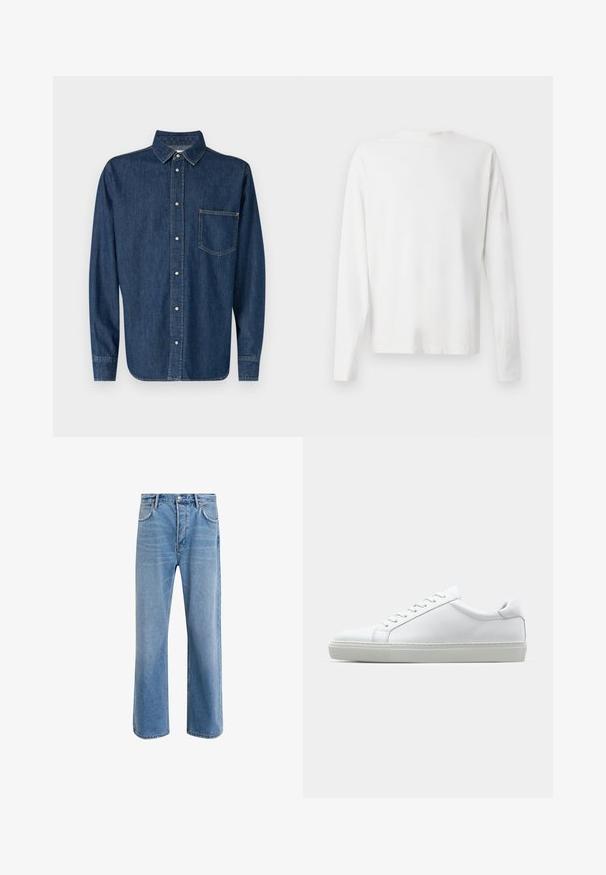 Tummansininen farkkupaita pitkille hihoille, napitus edessä ja yksi rintatasku. Siinä on klassinen kaulus ja suora helma.; Pitkähihaisesta valkoisesta puuvillapaidasta, jossa on pyöreä pääntie, sivuhaalareita alaosassa ja sileä pinta, näkyy takaa.; Vaaleansiniset farkut suoranlahkeisella muotoilulla, viisi taskua, nappisuljenta, vähäinen kuluminen ja kontrastiväriset ompeluyksityiskohdat.; Valkoinen tennari, jossa on sileä nahkapäällinen ja matala profiili. Ominaisuuksiin kuuluu pyöreä kärki, kuusi rei'itystä ja teksturoitu kumipohja.