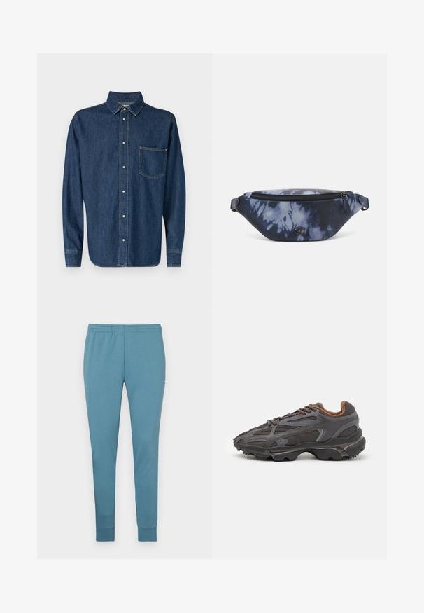 Camisa de mezclilla azul oscuro con mangas largas, cierre de botones en la parte delantera y un bolsillo en el pecho. Presenta un collar clásico y un dobladillo recto.; Pantalones de chándal azul claro fabricados en un tejido suave, con un diseño ajustado, cinturilla elástica y dobladillos con puños. Logo pequeño en un lado.; Zapatillas Lacoste en gris oscuro con material de malla y sintético, que cuentan con una suela texturizada y detalles en marrón en el cuello y la marca.; Riñonera en estampado de tie-dye azul oscuro con cremallera en la parte superior, material texturizado y un detalle de logotipo prominente en la parte frontal.