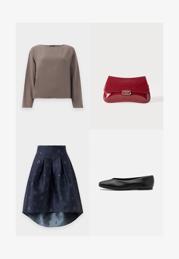 Ruskea pitkähihainen paita, jossa on leveä kaula-aukko, valmistettu sileästä ja pehmeästä kankaasta. Ominaisuuksina rento istuvuus ja minimimuotoilu ilman koristeita.; Tummansininen korkealta ja matalalta leikkaava hame, jossa on laskoksia ja hienovarainen pelikortti-symboleiden kuvio hieman kiiltävässä kankaassa.; Paul Smith TOPANGA - Ballerinat - black; Punainen lakattu nahkalaukku, jossa on kaareva muotoilu, taitettava läppä ja metallinen logohopeisella kilvellä. Sileä, kiiltävä pinta.