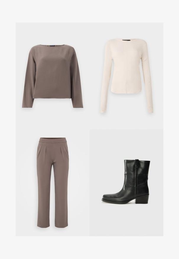 Rudas ilgomis rankovėmis palaidinė su plačiu iškirpimu, pagaminta iš lygaus, minkšto audinio. Turinti laisvą siluetą ir minimalų dizainą be puošmenų.; Ilgesnių rankovių, šviesiai bežinis viršus su apvaliu iškirpimu. Pagamintas iš minkštos medžiagos, turi centrinę siūlę ir šiek tiek kreivą apatinių kraštų liniją. Matomų detalių nėra.; Smėlinės laisvo kirpimo kelnės su elastinga juosmens juostele ir priekine klostele, pagamintos iš lygaus audinio.; Juodi odiniai aulinukai iki kulkšnies su apvali nosimi, blokuotais kulnais, šonine užtrauktuku ir siuvimo akcentais ant viršutinės dalies. Lygi tekstūra, klasikinis dizainas.