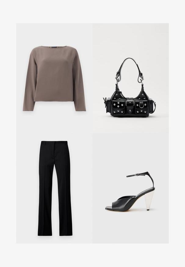 Brūns, garām piedurknēm, tops ar plašu kakla izgriezumu, izgatavots no gludas, mīkstas auduma. Iezīmē brīvu fit un minimālistisku dizainu bez rotājumiem.; Melni taisni bikses gludā audumā, ar plakanu priekšpusi, jostas cilpām un bez redzamām kabatām vai rotājumiem.; Melnas ādas augstpapēžu sandales ar atvērto purngali, asimetrisku dizainu, potītes siksniņu un metāla koniskām papēžiem. Virsma ir gluda.; Melnas ādas rokturmais ar izliekumu, ar sudraba iedurtiem, sprādzi un divām sānu kabatām. Regulējams siksniņas garums dažādām nēsāšanas iespējām.