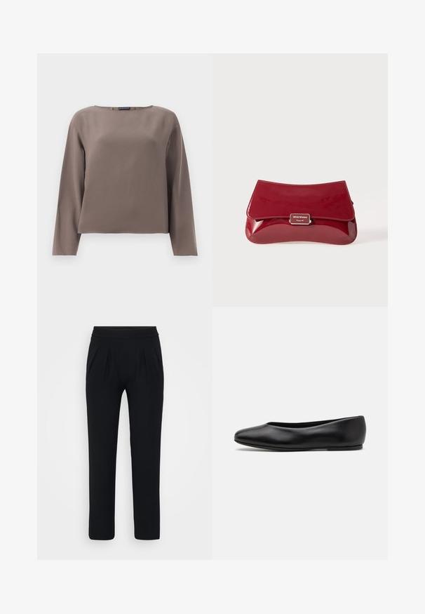 Blusa de manga longa castanha com um decote amplo, feita de um tecido suave e liso. Apresenta um corte descontraído e um design minimalista sem detalhes.; Calças pretas, de perna larga, feitas de tecido suave. Apresenta um cós elástico e dois pregas frontais. Sem padrões visíveis ou acessórios.; Paul Smith TOPANGA - Sabrinas - black; Clutch em pele vernizada vermelha com um design curvado, aba a dobrar e um detalhe de logótipo em metal numa placa prateada. Textura suave e brilhante.