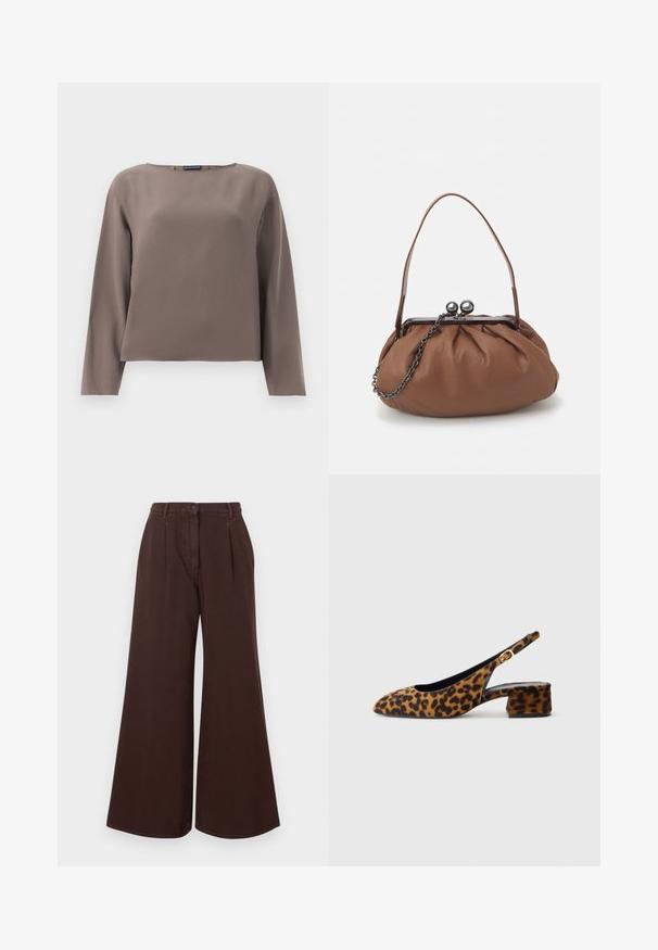 Brown long-sleeve top with a wide neckline, made from a smooth, soft fabric. Features a relaxed fit and minimal design without embellishments.; High-waist wide-leg brown pants with button and zipper closure, belt loops, and front pleats.; Women's leopard print slingback shoe with low block heel and gold buckle on side strap, shown in side profile on plain background.; Brown leather handbag with a gathered design, a short leather handle, and a chain strap. Features a silver metal clasp with two round accents.