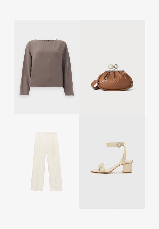 Smeđi dukserica dugih rukava s širokim izrezom, izrađena od glatkog, mekanog materijala. Ima opušten kroj i minimalistički dizajn bez ukrasa.; Hlače širokog kroja u svijetloj krem boji. Izrađene su od glatkog materijala s plisama sprijeda i bočnim džepovima.; Bež sandale s potpeticom sa četvrtastim vrhom, prilagodljivim remenom oko članka i dva okrugla akcenta s kopčom. Glatka kožna tekstura i blok petica.; Smeđa kožna torbica s srebrnim kopčom u obliku kuglice i malim srebrnim lančićem na bijeloj pozadini.