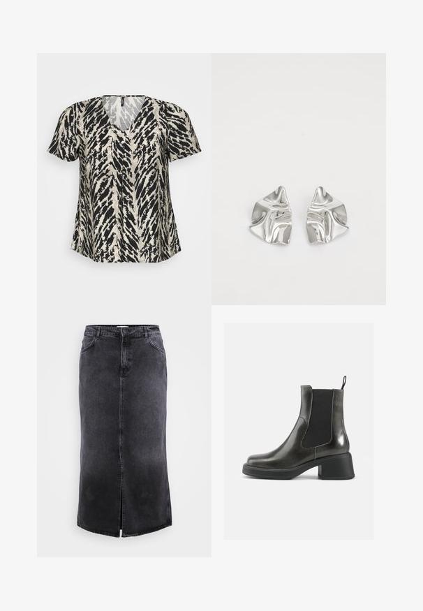 Short-sleeved top with a V-neck, featuring a black and cream tiger stripe pattern. Fabric appears lightweight and flowy.; ONLY Carmakoma CARCILLA LONG SLIT SKIRT - Maxi skirt - washed black; Black leather ankle boots with a smooth finish, elastic side panels, and a chunky heel. Features a pull tab for easier wear.; Silver metal earrings with a wavy, sculptural design featuring a polished finish and irregular shapes, highlighting a contemporary aesthetic.