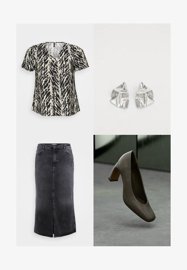 Short-sleeved top with a V-neck, featuring a black and cream tiger stripe pattern. Fabric appears lightweight and flowy.; ONLY Carmakoma CARCILLA LONG SLIT SKIRT - Maxi skirt - washed black; Dark olive green leather high-heeled shoe with square toe and block heel, floating above a gray concrete floor with a blurred green background.; Silver metal earrings with a wavy, sculptural design featuring a polished finish and irregular shapes, highlighting a contemporary aesthetic.